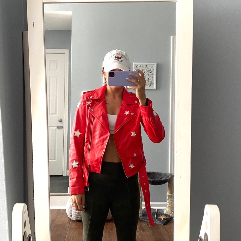 Missguided Red Star Faux Leather Moto Jacket